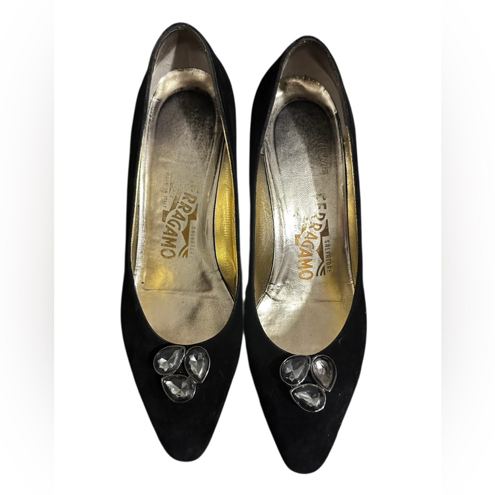 Salvatore Ferragamo Vintage Black Suede Pumps with Gem Embellishments